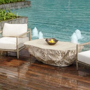able with Coastal Cottage of Amelia chairs on deck overlooking water, surrounded by outdoor furniture and coffee table.