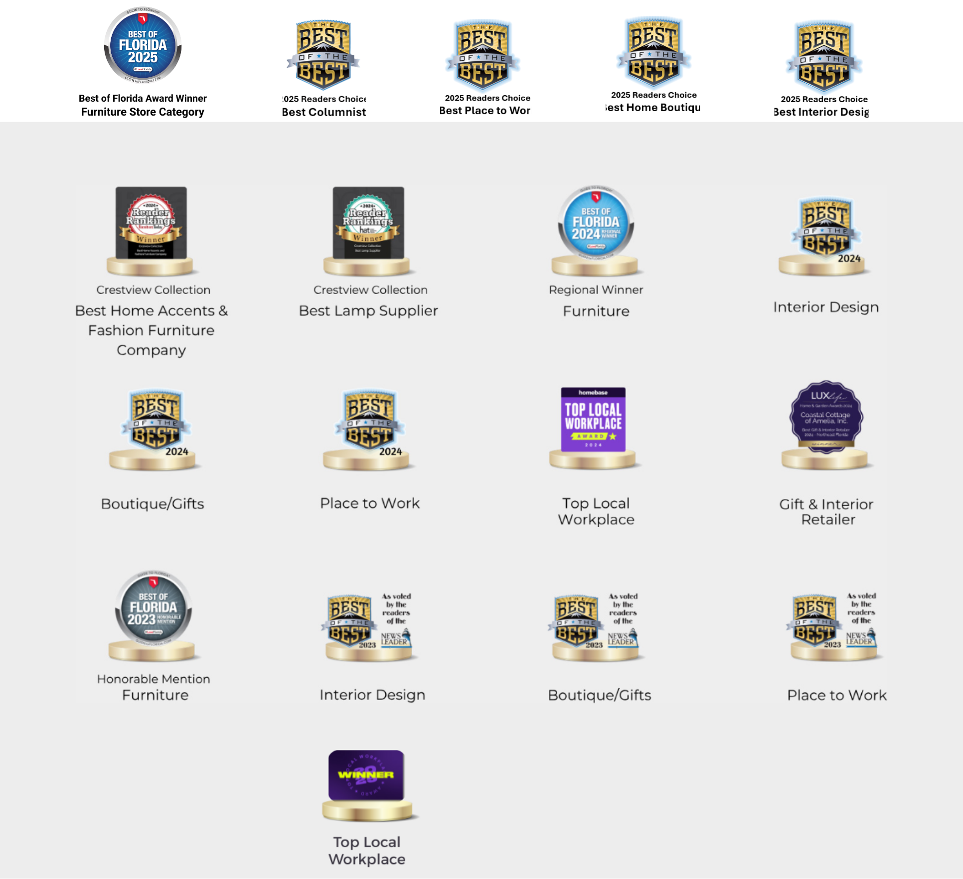 Award badges for Coastal Cottage of Amelia, showcasing accolades in home decor, interior design, and workplace recognition, including Best of Florida 2023 and 2024 awards.