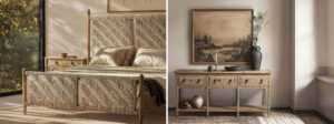 Two images of a cozy bedroom featuring a bed, dresser, and a decorative painting on the wall.